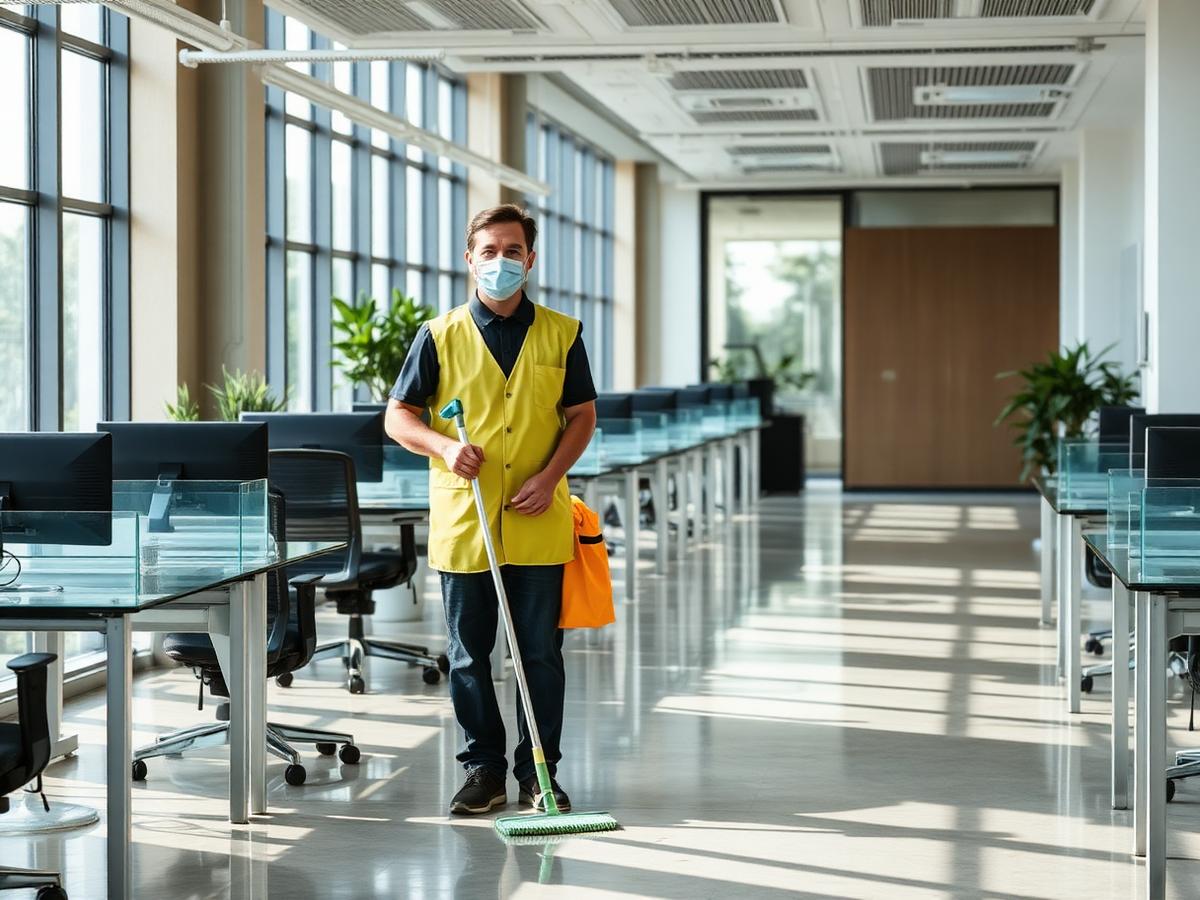 Professional cleaner servicing a modern office