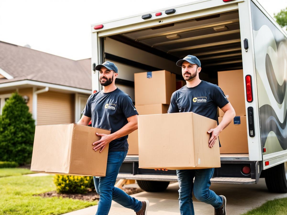 Movers carrying boxes to a moving truck